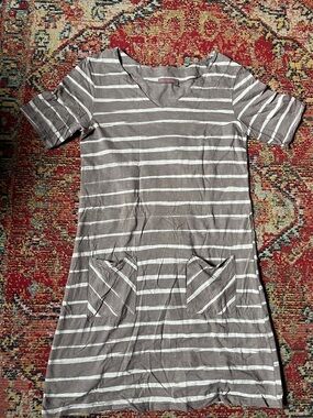 fresh produce Gray & White Striped Tee with Pink Logo
